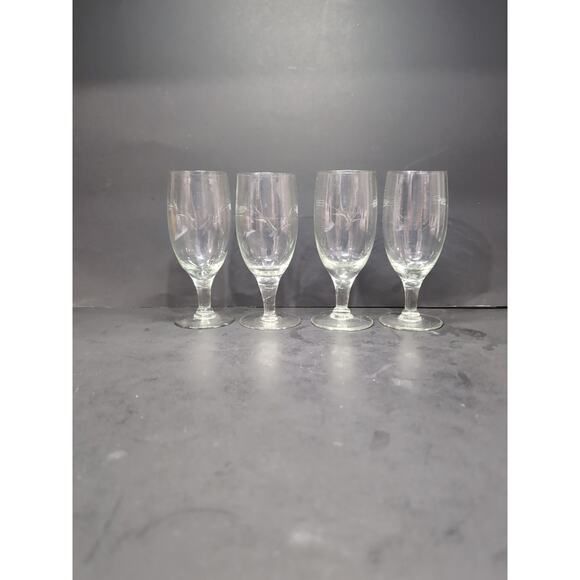 Footed Vintage Glass Juice Set, Floral Etched Blown Glass, UV Reactive, Set of 4 - Picture 4 of 10
